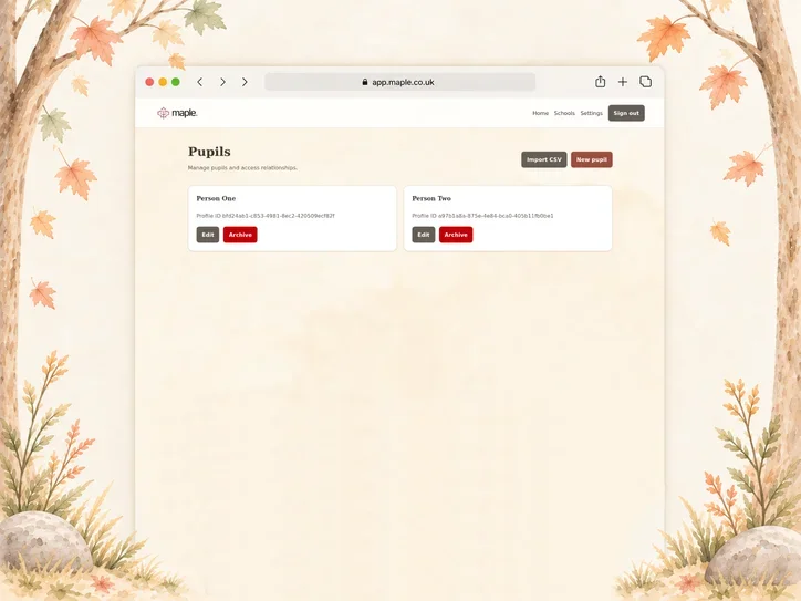 maple. pupils management screen
